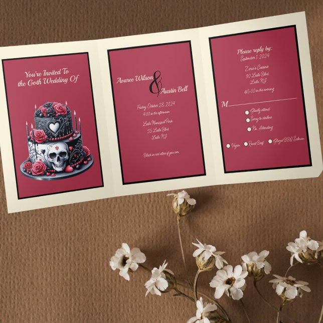 Invitación Tríptica Pastel de Boda rojo y negro gótico (Subido por el creador)