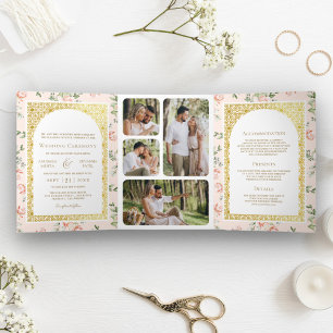 Invitación Tríptica Pastel Floral de Melocotón Todo en Uno Boda India 