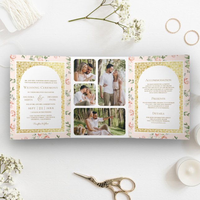 Invitación Tríptica Pastel Floral de Melocotón Todo en Uno Boda India  (Subido por el creador)