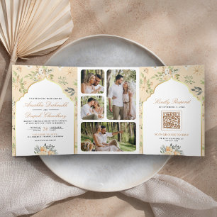 Invitación Tríptica Pastel Floral QR Código de la Peach Boda indio