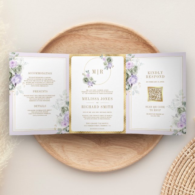 Invitación Tríptica Pastel Morado Sabio Verde Floral Todo en un Boda (Subido por el creador)