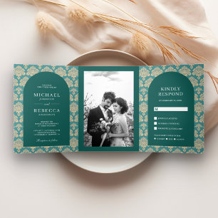 Invitación Tríptica Patrón de Damasco Teal Arco Marroquí Boda Foto