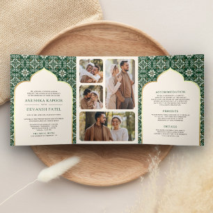 Invitación Tríptica Patrón de esmeralda de marfil Todo en uno Boda ind