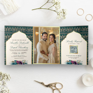 Invitación Tríptica Patrón de pavo real teal marfil Flor india Boda