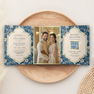 Invitación Tríptica Patrón floral azul vintage Código QR Boda indio
