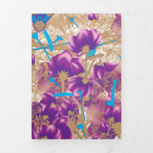 Invitación Tríptica Patrón floral vibrante con color púrpura y azul de