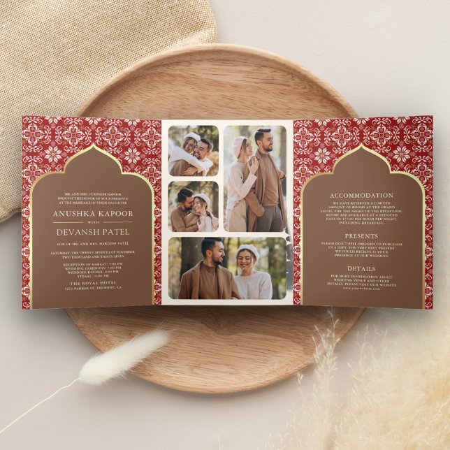 Invitación Tríptica Patrón marrón rojizo todo en uno en una boda india (Subido por el creador)
