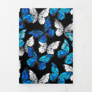 Invitación Tríptica Patrón oscuro sin costuras con mariposas azules Mo
