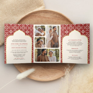Invitación Tríptica Patrón Rojo Marfil Todo en Uno Boda India