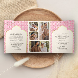Invitación Tríptica Patrón Rosa Marfil Todo en Uno Boda India