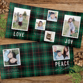 Invitación Tríptica PEACE LOVE JOY Green Tartan Holiday Photo Card