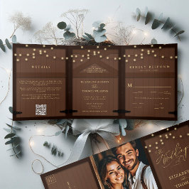 Invitación Tríptica Película de Oro Rustic Barn Wood Elegante Boda