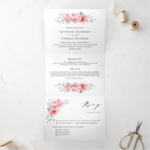 Invitación Tríptica Peonía color de agua rosa bonito y Boda Rosa
