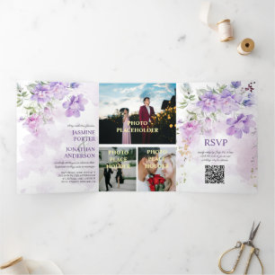 Invitación Tríptica Peonía Floral Lavanda Púrpura Boda Tri-Plegable