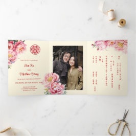 Invitación Tríptica Peony de acuarela | Foto Boda chino
