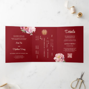 Invitación Tríptica Peony de acuarela Foto Boda chino