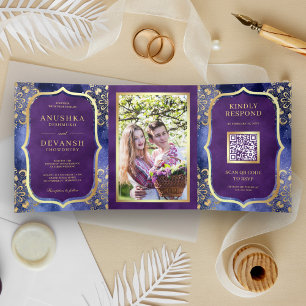 Invitación Tríptica Periwinkle Galaxy Mandala QR Código Boda indio
