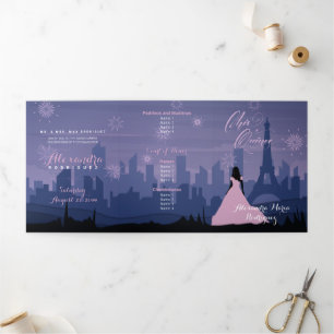 Invitación Tríptica Pie azul rosa y pizarra París fuegos artificiales