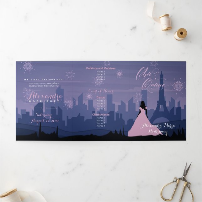 Invitación Tríptica Pie azul rosa y pizarra París fuegos artificiales  (Exterior)