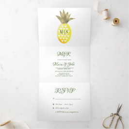 Invitación Tríptica Piña Tropical Boda Acuarela Dorada