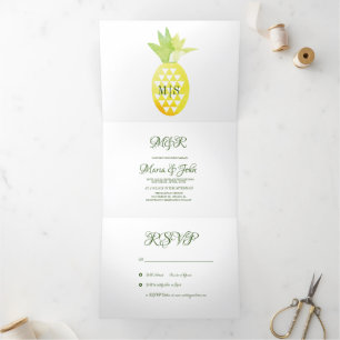 Invitación Tríptica Pina Watercolor Pineapple Fruto Tropical Boda