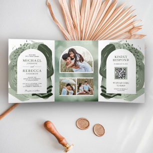 Invitación Tríptica Pincel verde arcaico de Boho desencadena Boda de c