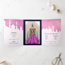 Invitación Tríptica Pink Arabian Nights Watercolor Quinceañera