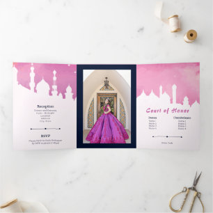 Invitación Tríptica Pink Arabian Nights Watercolor Quinceañera