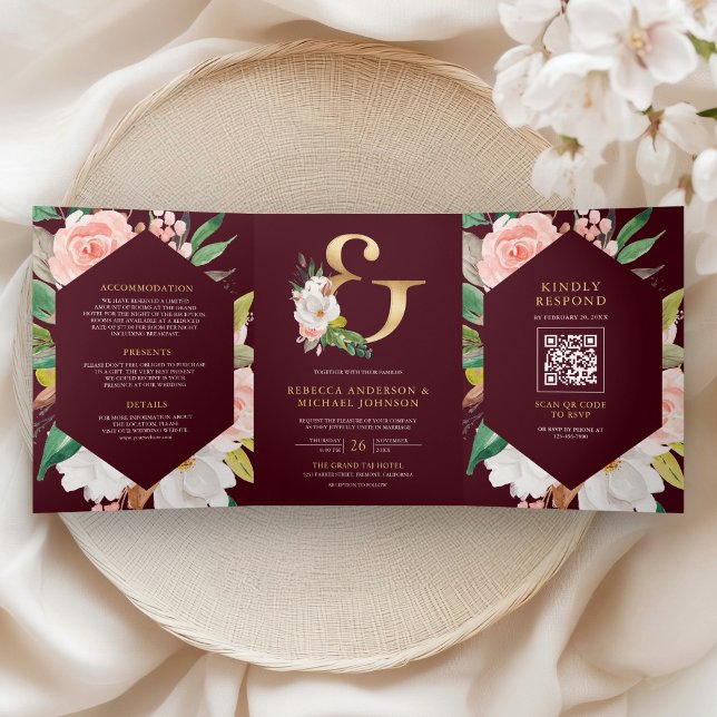 Invitación Tríptica Pink Floral Ampersand Burgundy QR Code Wedding (Subido por el creador)