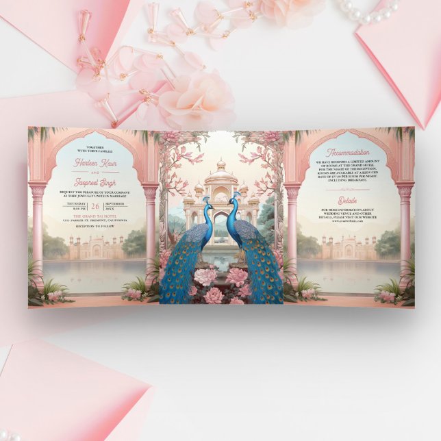 Invitación Tríptica Pink Floral Peacocks Real Boda del Palacio Indio (Subido por el creador)