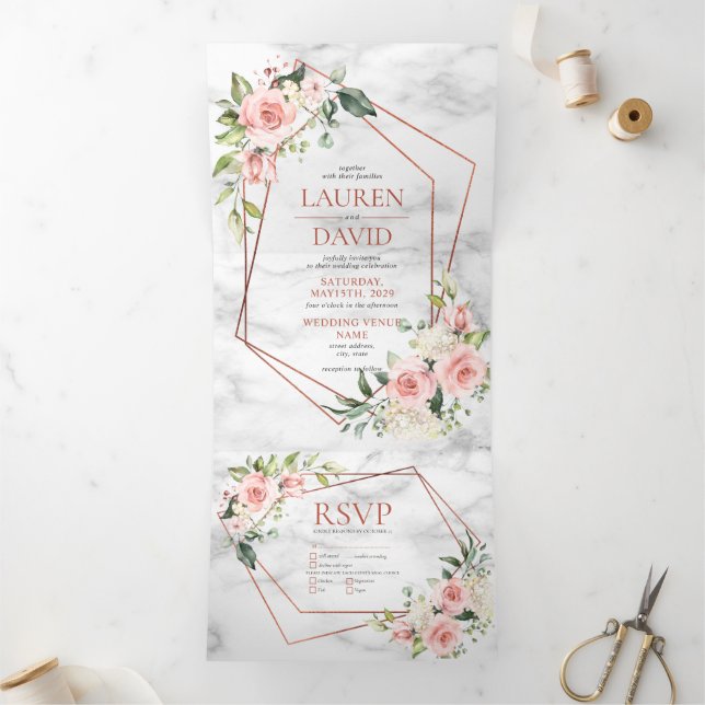 Invitación Tríptica Pink Geometric Marble Floral Eucalyptus Wedding (Interior)