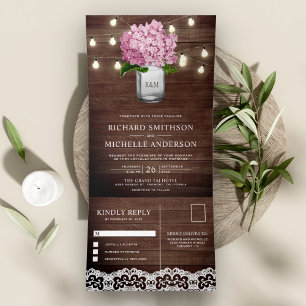 Invitación Tríptica Pink Hydrangea Mason Jar String Lights Boda