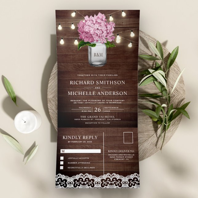 Invitación Tríptica Pink Hydrangea Mason Jar String Lights Boda (Subido por el creador)