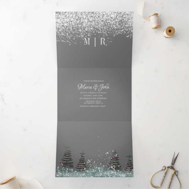 Invitación Tríptica Pinos de Navidad Escena de Nieve Boda (Interior)