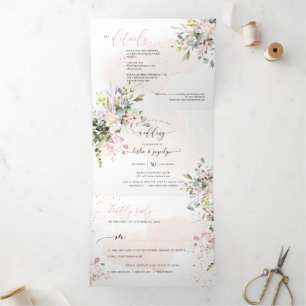 Invitación Tríptica PixDezines Elegante Eucalipto Rosa Pálido