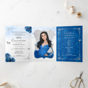 Invitación Tríptica Plata Española Real Azul Quinceanera