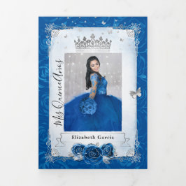 Invitación Tríptica Plata Española Real Azul Quinceanera