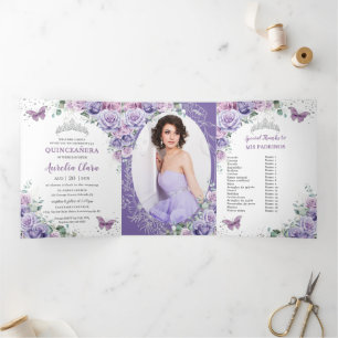 Invitación Tríptica Plata Floral Púrpura Lilac Quinceañera 15 Fotos