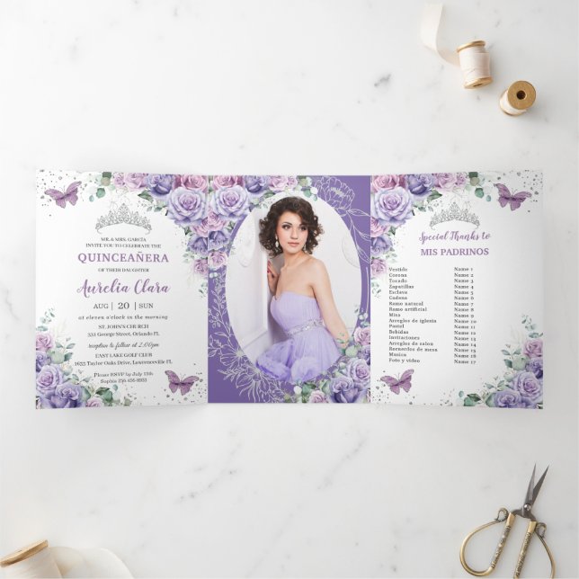 Invitación Tríptica Plata Floral Púrpura Lilac Quinceañera 15 Fotos (Interior)