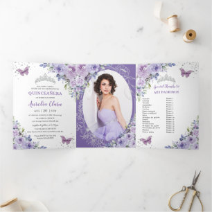 Invitación Tríptica Plata Floral Púrpura Lilac Quinceañera 15 Fotos