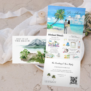 Invitación Tríptica Playa del Océano Tropical   Boda Ilustrada