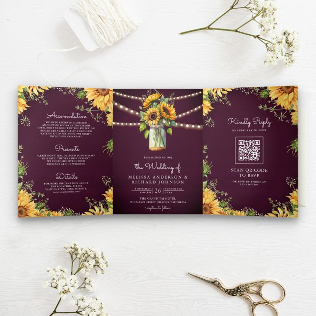 Invitación Tríptica Plum Purple Sunflowers Mason Jar QR Code Boda (Subido por el creador)