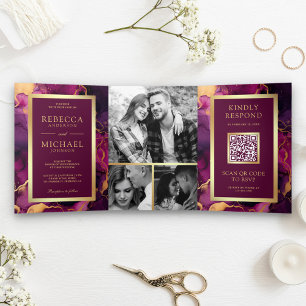 Invitación Tríptica Pluma Purple Gold Fluid Ink QR Boda de código