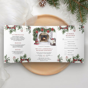 Invitación Tríptica Poinsettia Chimenea Floral Navidad Boda