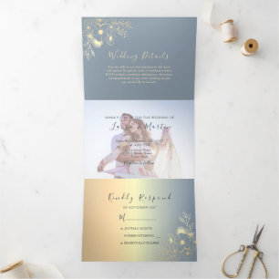 Invitación Tríptica Polvo Azul Oro Floral Foto Boda