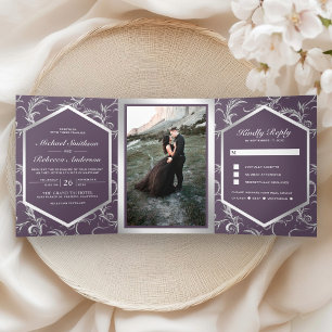 Invitación Tríptica Polvo de Bodas Foto de Plata con Floritura de Remo