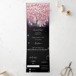 Invitación Tríptica Polvo morado Boda de hoja rosa y de corazón negro
