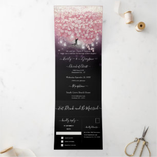 Invitación Tríptica Polvo morado Boda de hoja rosa y de corazón negro