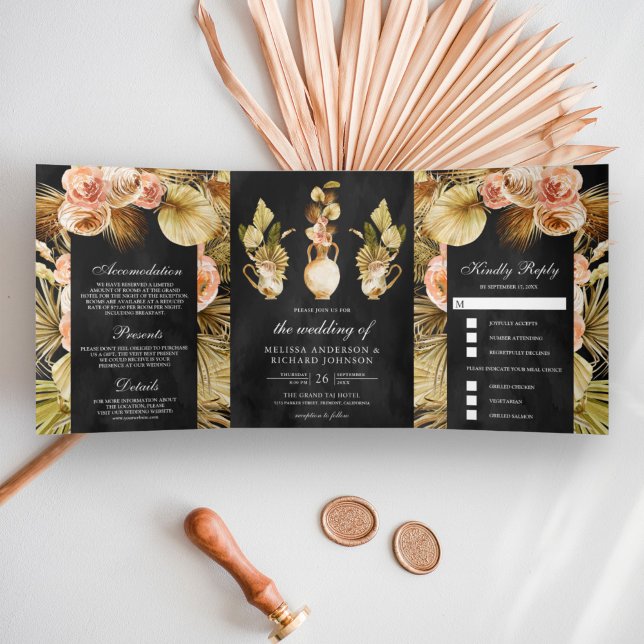 Invitación Tríptica Potes florales secos Boho Palm Black Boda (Subido por el creador)