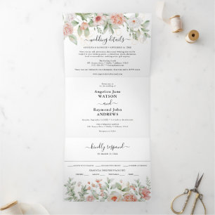 Invitación Tríptica Precioso en melocotón Elegante boda botánica